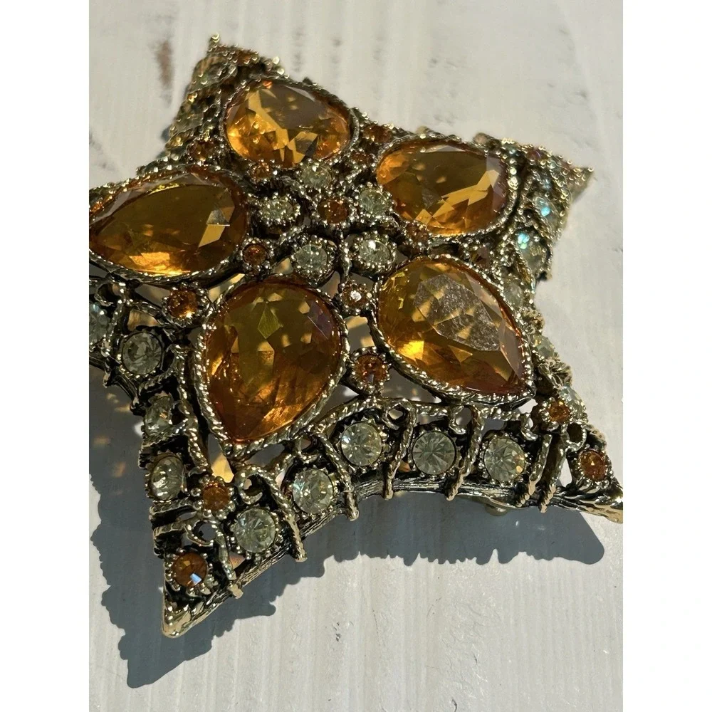 VTG KJL Kenneth J. Lane Orion Star Book Piece Gold Topaz Rhinestone Glass Brooch
